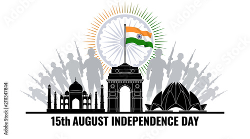 Fotografía 15th August Independence Day vector illustration, Indian national monuments with