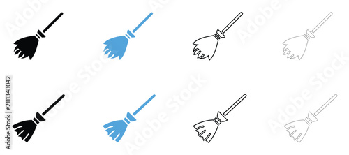 Halloween witch broom vector icon, spooky ghost broom symbol vector, silhouette and outline isolated on transparent background