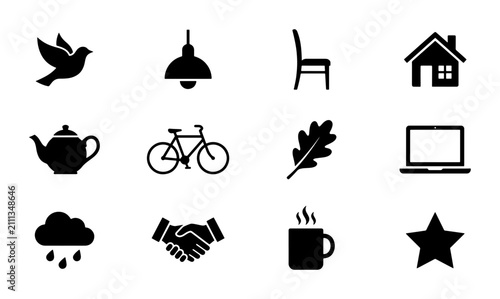 Minimalist Black Vector Icons Set: Bird, Lamp, Chair, House, Teapot, Bicycle, Leaf, Laptop, Cloud, Handshake, Coffee Mug, Star, Graphic Elements for Design