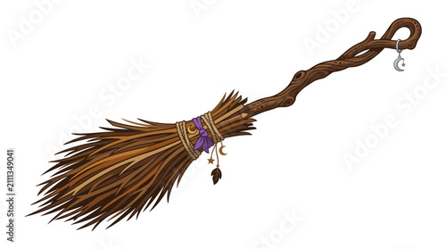 Slika na platnu Witch broomstick with twisted wood handle and moon charms, magical flying broom