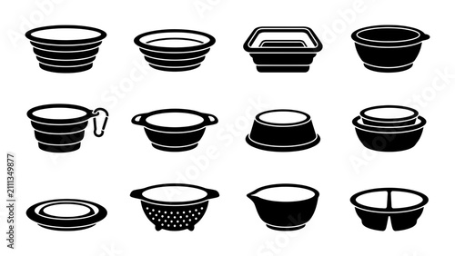 Fotografie Collapsible Food Containers, Kitchen Bowls, and Storage Vessels Vector Icons Set