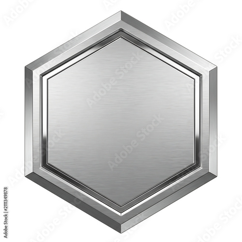 Metallic hexagonal badge with brushed steel texture