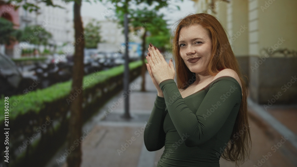 Fototapeta premium Redhead woman clapping hands on city street sidewalk with exposed shoulder and green off shoulder top; joyful confidence.
