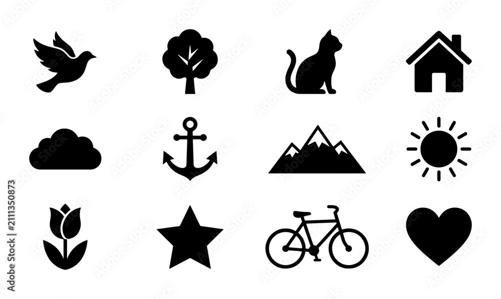 Fototapeta premium Set of 12 Simple Black Icons: Nature, Home, Transport, Symbols, Vector Graphics for Web and Design