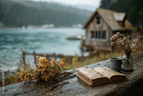 Open Vintage Book And Dried Flowers On A Wooden Surface By A Serene Lake Cabin In Autumn Atmosphere