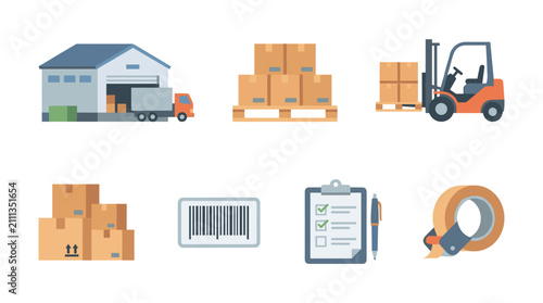 Logistics and warehouse icons set with boxes truck forklift and barcode