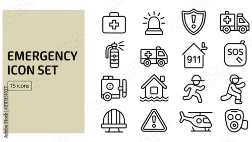 Emergency icon set, thin line style, vector illustration set of 15 emergency and rescue icons including ambulance, fire truck, medical kit, and safety equipment
