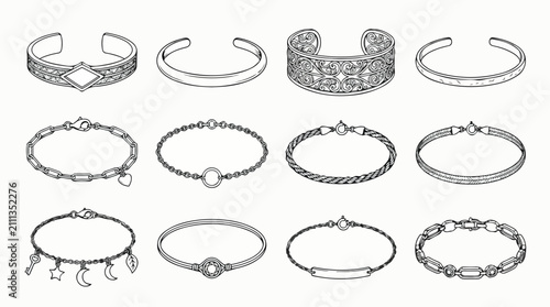 Bild auf Leinwand Minimalist jewelry line art collection, 12 vector bracelet icons set, elegant fa