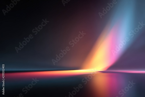 Abstract Light Streaks With Vibrant Colors On Dark Reflective Surface In Minimalist Artistic Studio