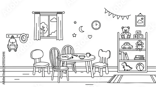 Fotografía Minimalist kids playroom coloring page vector, nursery interior line art with to