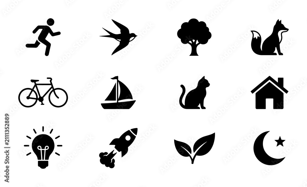 Fototapeta premium Minimalist Black Icons Set: Running Man, Swallow, Tree, Fox, Bicycle, Sailboat, Cat, House, Lightbulb, Rocket, Leaves, Moon & Star - Vector Graphics