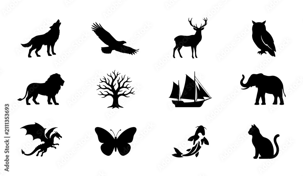 Fototapeta premium Silhouette Animal Icons Collection, Wildlife & Nature Vector Graphics Set, Mythical Creatures & Forest Elements for Design Projects
