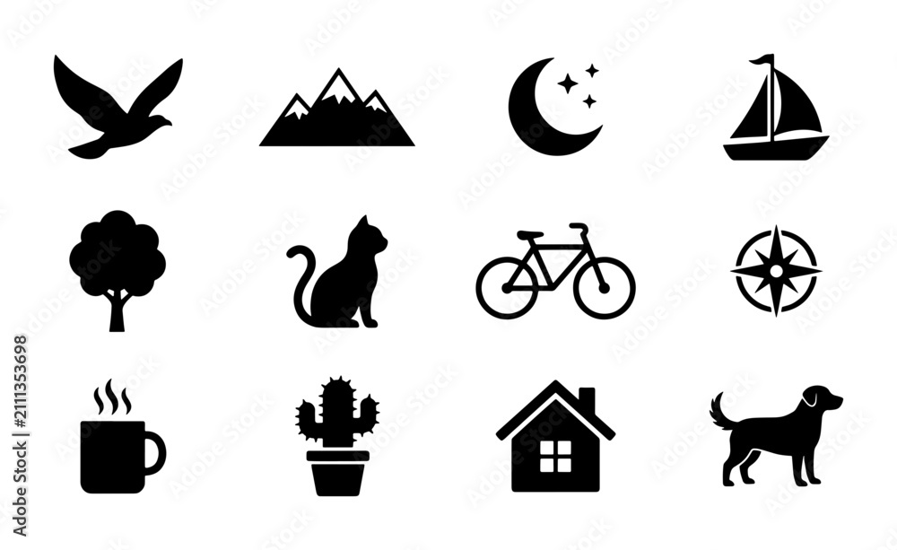 Fototapeta premium Set of 12 Black Silhouette Icons: Nature, Travel, Home, and Pets. Vector Graphics for Web and Print Design.