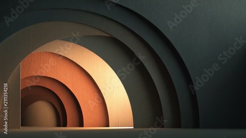 Abstract Geometric Tunnel With Concentric Arches In Gradient Warm Lighting And Deep Blue Background