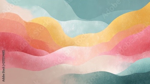 Abstract Wavy Layers In Soft Pastel Colors With Textured Grainy Overlay For Minimalist Background