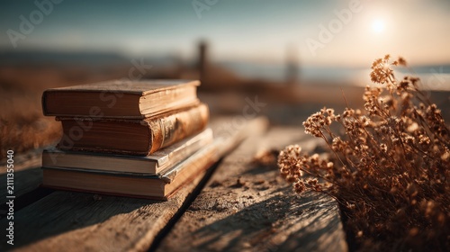 Stack Of Old Books Resting On Weathered Wooden Planks During Golden Hour With Dried Flowers Nearby