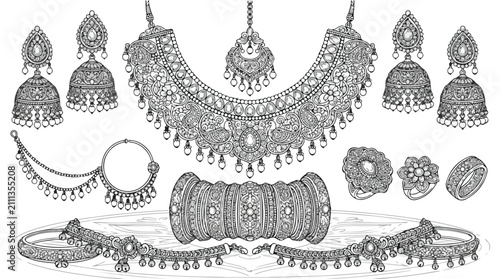 Obraz na płótnie Traditional Indian bridal jewelry set vector, ornate ethnic wedding ornaments co