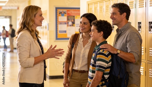 Parent-Teacher Conference: A concerned family, including parents and their son, engage in a discussion with a teacher in a school hallway, emphasizing education and collaboration.