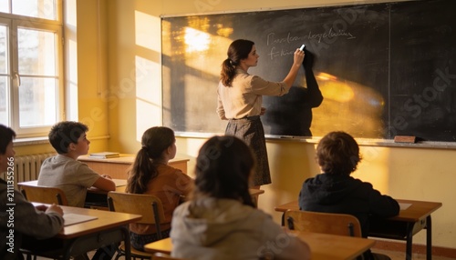 Vintage Classroom Scene: A dedicated teacher instructs young students in a nostalgic classroom, bathed in the warm light of the afternoon sun filtering through the window.