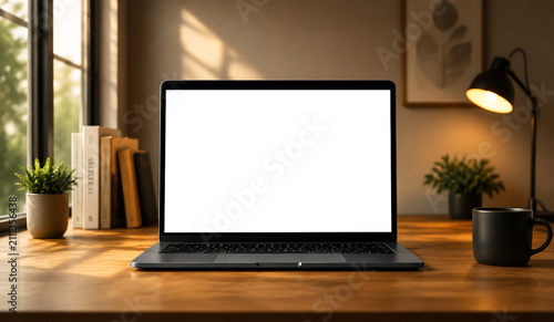 Laptop on Wooden Desk: A modern laptop sits open on a warm wooden desk, its blank screen awaiting inspiration, surrounded by books, a potted plant, and a desk lamp casting a gentle glow.