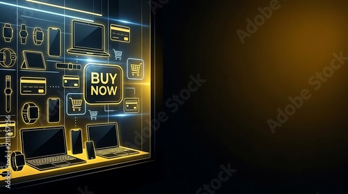 Tech retail shelf UI with buy now button.
