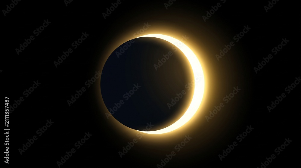 Naklejka premium Dramatic total solar eclipse featuring a glowing golden crescent of light against a dark black background