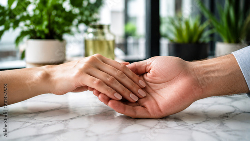 Intimate Connection: A close-up shot captures two hands, one male and one female, tenderly holding each other, symbolizing love, support, and deep emotional connection.