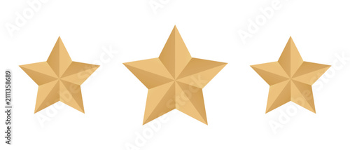 Three Golden Stars 3D Vector Set, Metallic Gold 3 Star Rating Symbol for Luxury Quality Rank, Hotel Review, Award Badge and UI Design