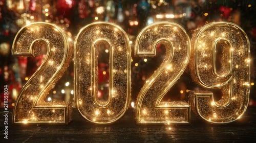 Sparkling Gold 2029 Numbers On Dark Reflective Surface With Blurred Festive Holiday Bokeh Background