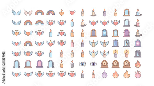 Canvastavla Divine spirituality vector icon set, 40 mystical religious symbols, spiritual enlightenment and faith-based graphic resources, pastel color flat line art collection for web and print