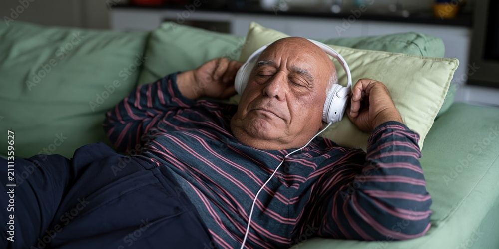 Fototapeta premium Elderly man resting with headphones on a couch at home for relaxation background and wellness lifestyle design