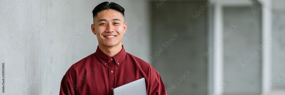 Obraz premium Smiling asian man with laptop in a minimalist concrete hallway for professional profile photo and website banner design