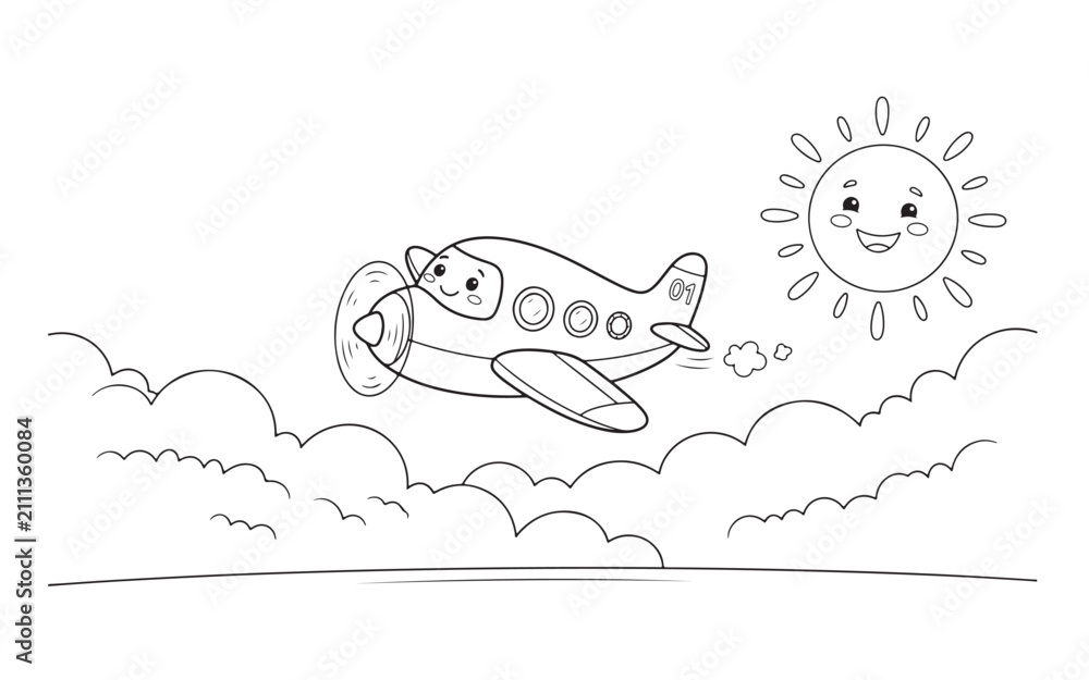 Obraz premium Cute cartoon airplane flying in sky with sun coloring page vector