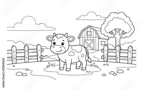 Cute spotted cow standing in farm pasture coloring page vector