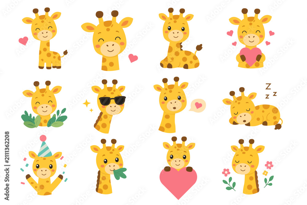 Fototapeta premium Set of giraffe illustrations, stickers, print design, cheerful character