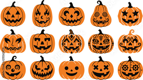Set of fifteen decorative candy corn icons with various patterns and textures for halloween holiday design and seasonal projects