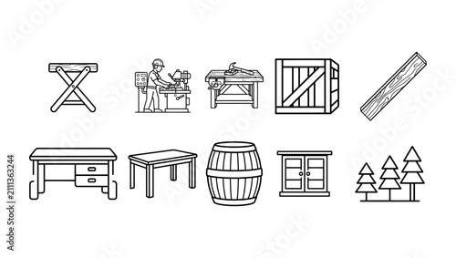 Woodworking & Furniture Flat Line Art Icons Collection Vector Set on PNG Background, woodworking, furniture, carpentry, flat line art, outline icon, line icon, sawhorse, wood plank, timber, 