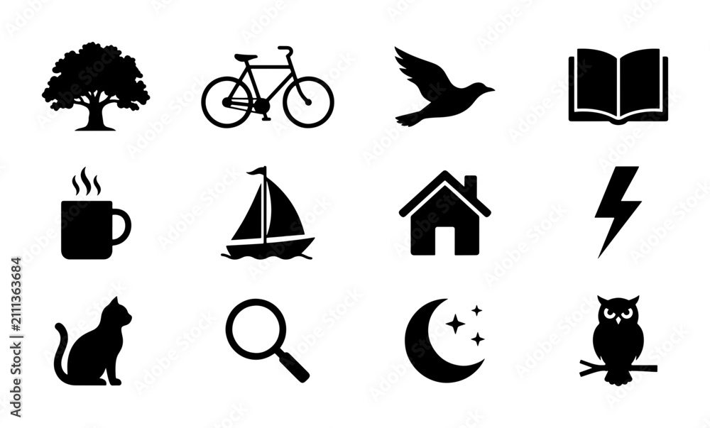 Fototapeta premium Vector Icons Set: Nature, Home, Objects, and Symbols Collection. Simple Black Graphics for Web, Apps, and Design Projects.