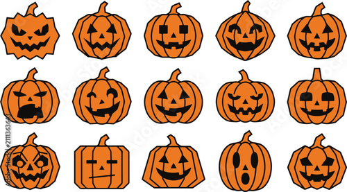 A collection of fifteen orange and black candy corn pieces arranged in a grid pattern on a white background
