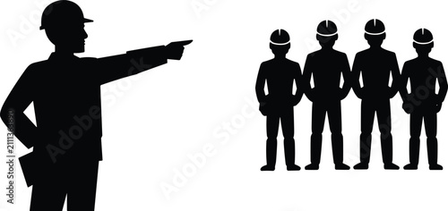 Foto Construction teamwork leadership concept, foreman instructing workers, industria
