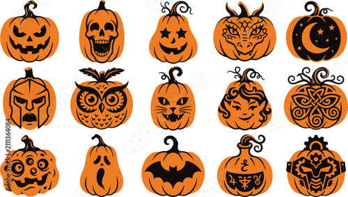 A collection of various candy corn pieces with different shapes and expressions arranged in a grid on white background