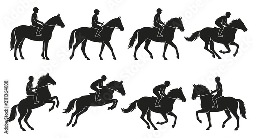 Fotografie Horse and rider silhouettes in various equestrian poses black on white