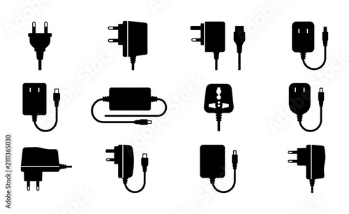 Power Adapter Icons, Electrical Plug Set, USB Charger Collection, Universal Travel Adapters, Black Silhouette Vector Graphics