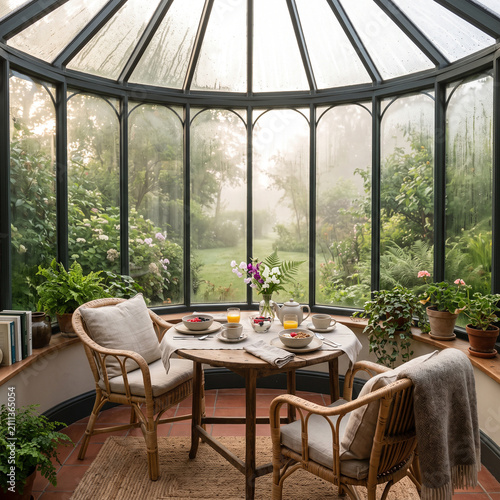 Cozy breakfast nook in a glass conservatory. Morning dining area with garden view.