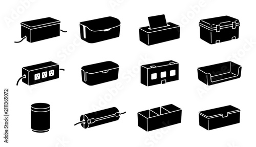 Collection of 12 Black Storage Boxes and Containers, Vector Icons for Organization and Packaging Design
