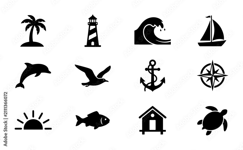 Obraz premium Nautical and Tropical Icons Set: Palm Tree, Lighthouse, Wave, Sailboat, Dolphin, Seagull, Anchor, Compass, Sunrise, Fish, Beach House, Turtle Vector Graphics
