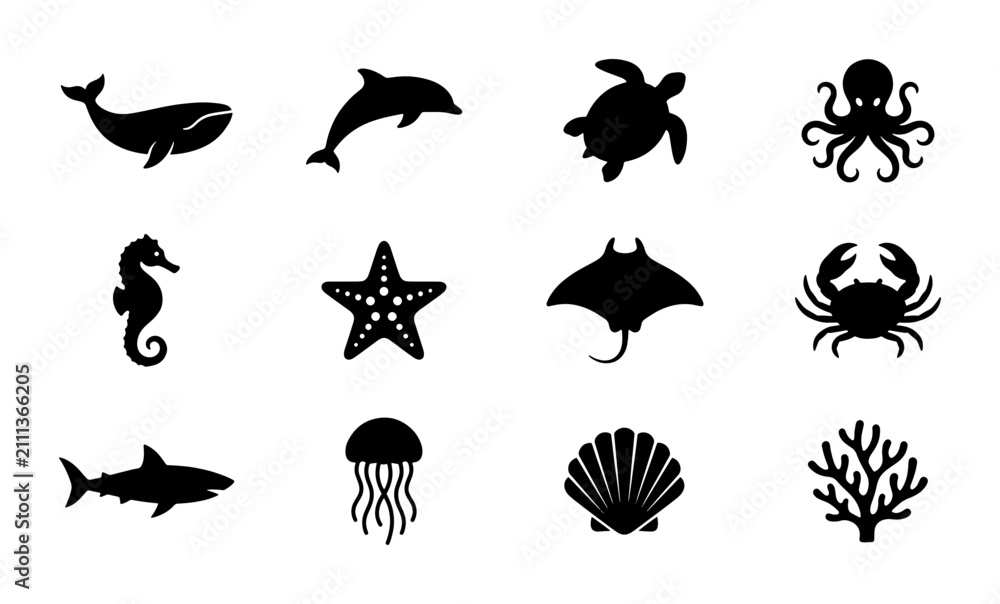 Fototapeta premium Oceanic Wildlife Silhouette Icons Set, Marine Animal Vector Graphics Collection, Aquatic Life Symbols for Design Projects