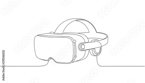 Continuous line drawing of a virtual reality VR headset with integrated headphones, modern minimalist style.
