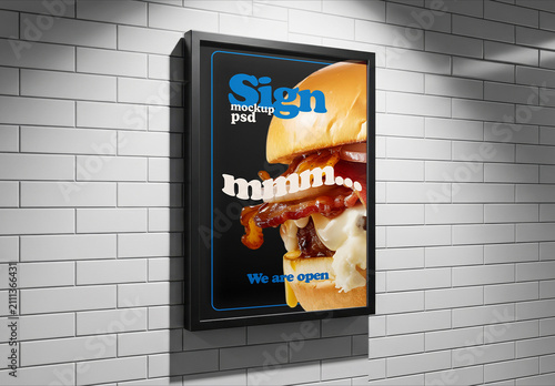 Illuminated Sign Box Mockup on Tiled Wall