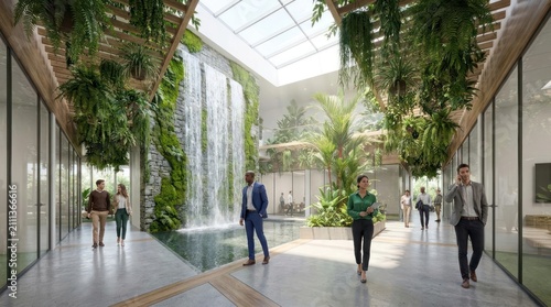 Modern sustainable office atrium featuring indoor waterfall.